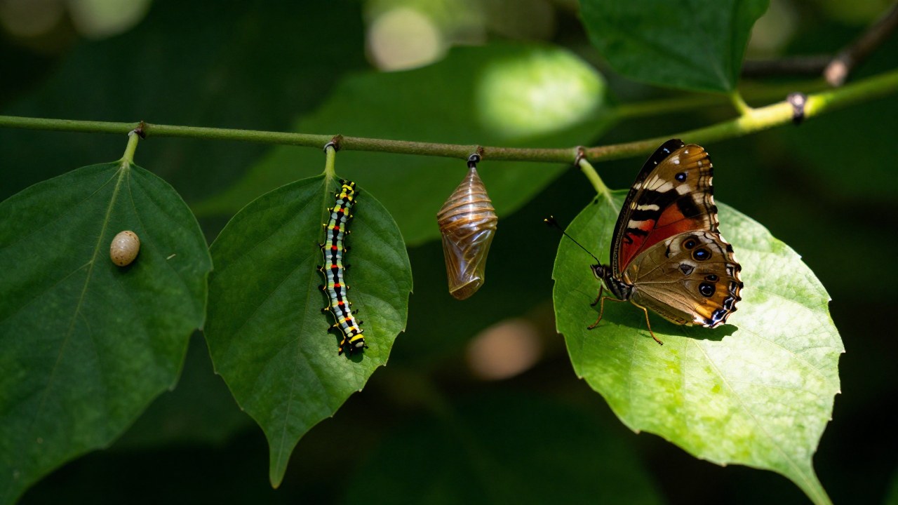 El ciclo de vida de la mariposa pavo real: huevo, oruga, crisálida y adulto en la naturaleza.