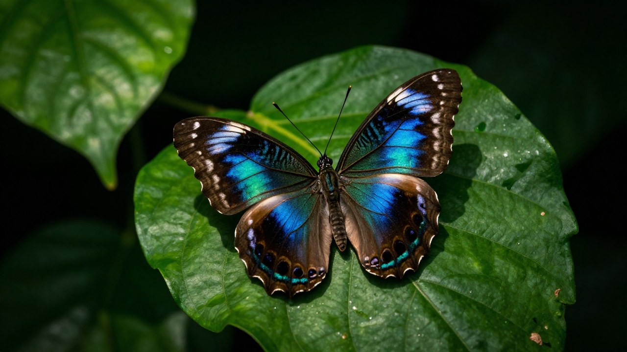 Mariposa Pavo Real posada en una hoja verde, mostrando el patrón iridiscente y detallado de sus alas.