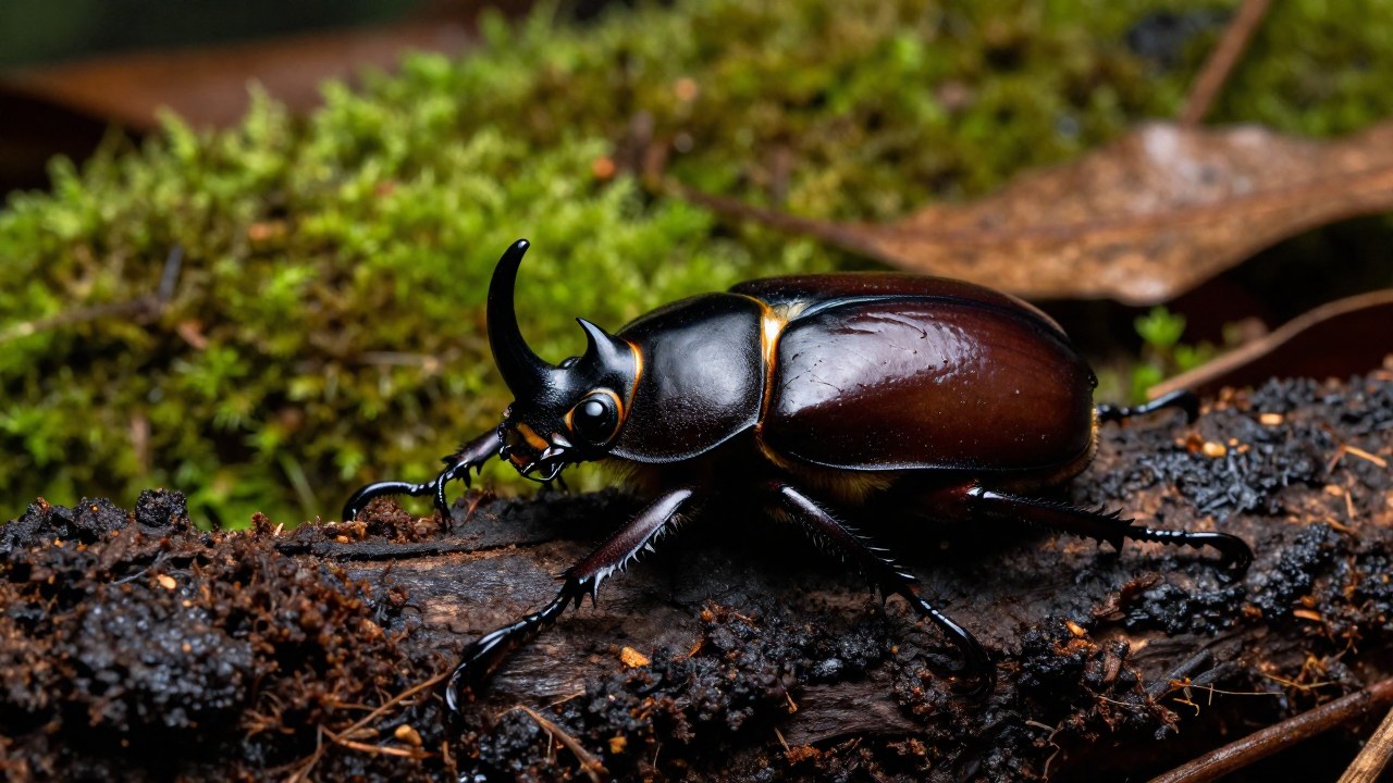 Un gran escarabajo rinoceronte sobre materia orgánica húmeda en un entorno boscoso.