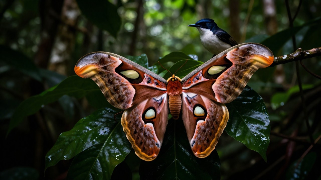 Polilla Atlas en postura defensiva ante la observación de un pájaro depredador en el sotobosque tropical.