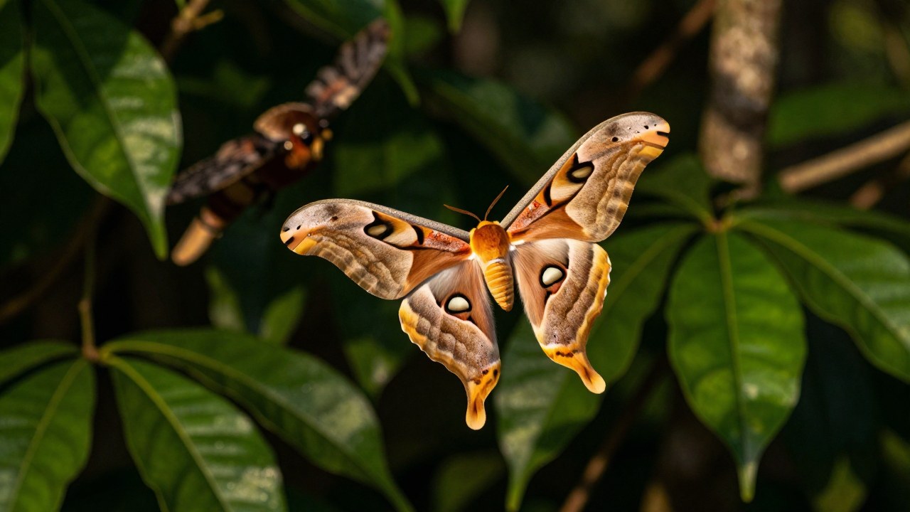 Polilla Atlas en vuelo evasivo ante un depredador, sobre el follaje denso de un bosque tropical.