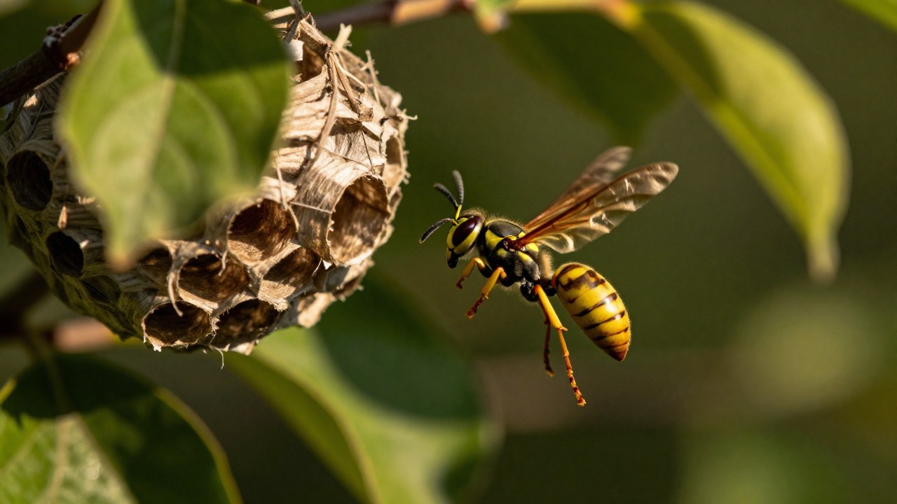 Una avispa de papel Polistes se muestra agresiva, revoloteando intensamente junto a su nido entre hojas verdes.