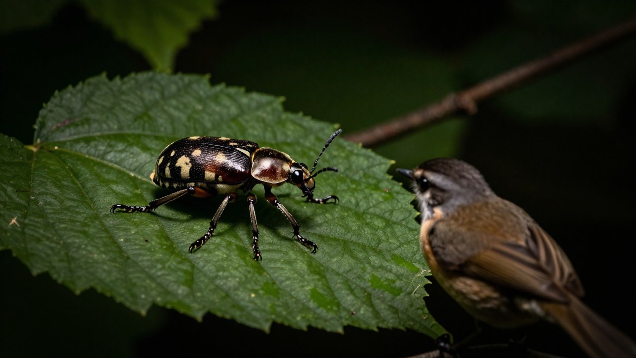 Escarabajo Ischnura elegans en postura defensiva sobre follaje, respondiendo a un pequeño pájaro que se acerca.