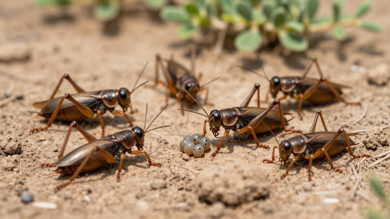 Un grupo de ortópteros *Acheta domestica* en un entorno árido, uno junto a un cúmulo de huevos.