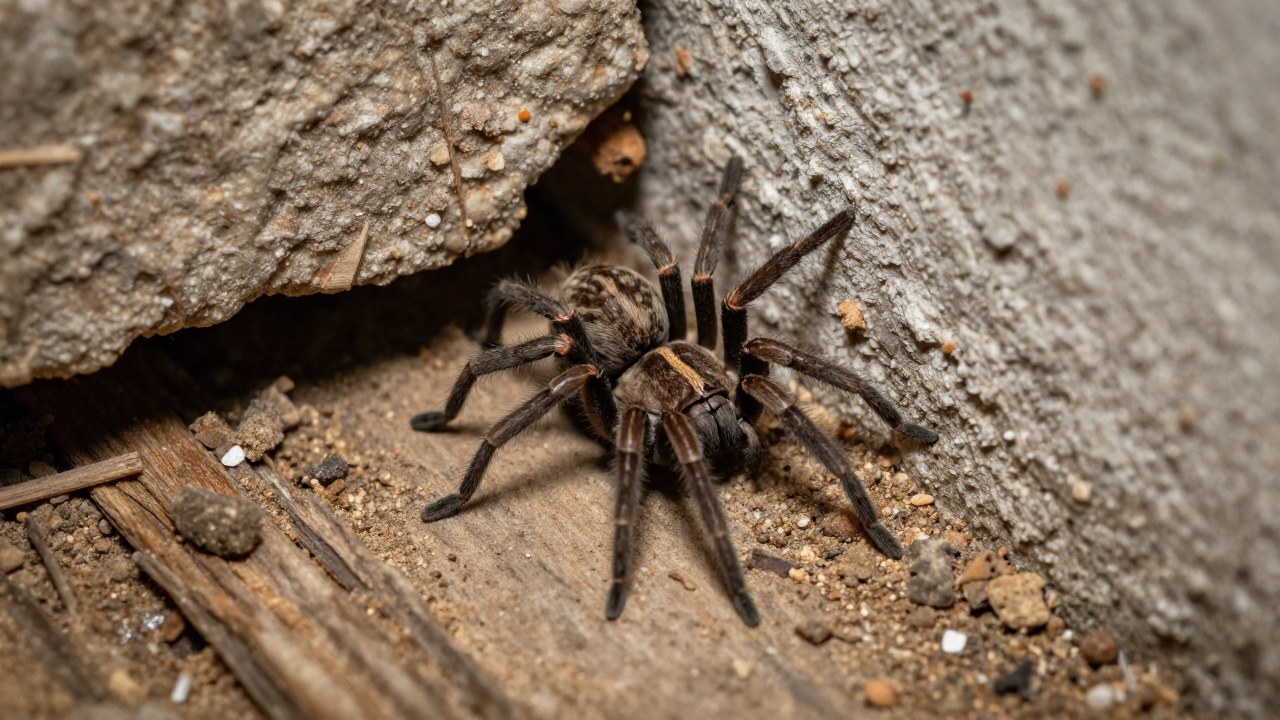 La araña *Tegenaria domestica* en su microhábitat protegido, sobre un sustrato de tierra y madera.