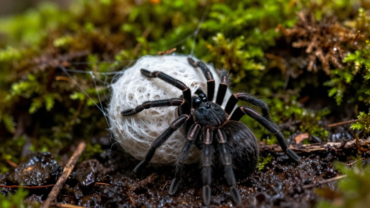 Araña viuda negra junto a su saco de huevos en el suelo húmedo y musgoso del bosque.