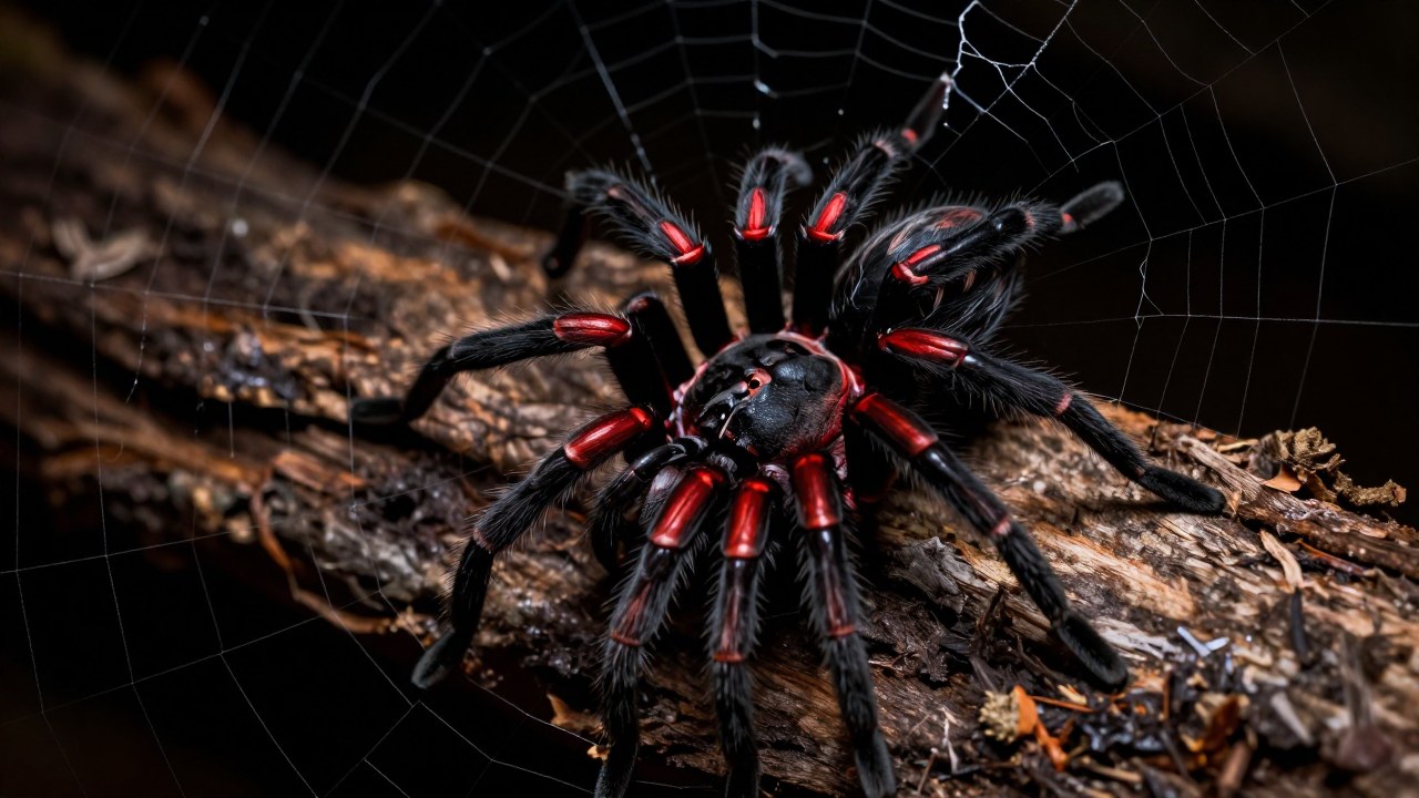 Araña Viuda Negra posada en su intrincada tela dentro de un entorno natural oscuro.