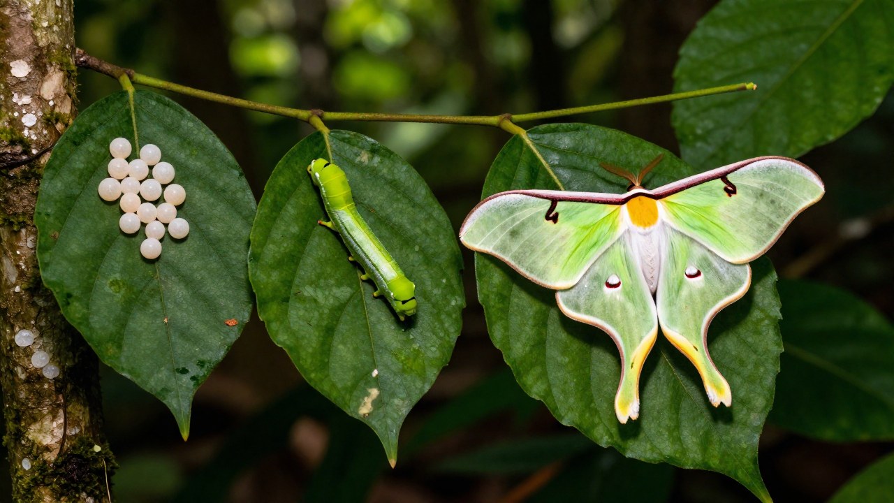 Ciclo de vida de la polilla luna: huevos, larva y ejemplar adulto sobre follaje verde en el bosque.