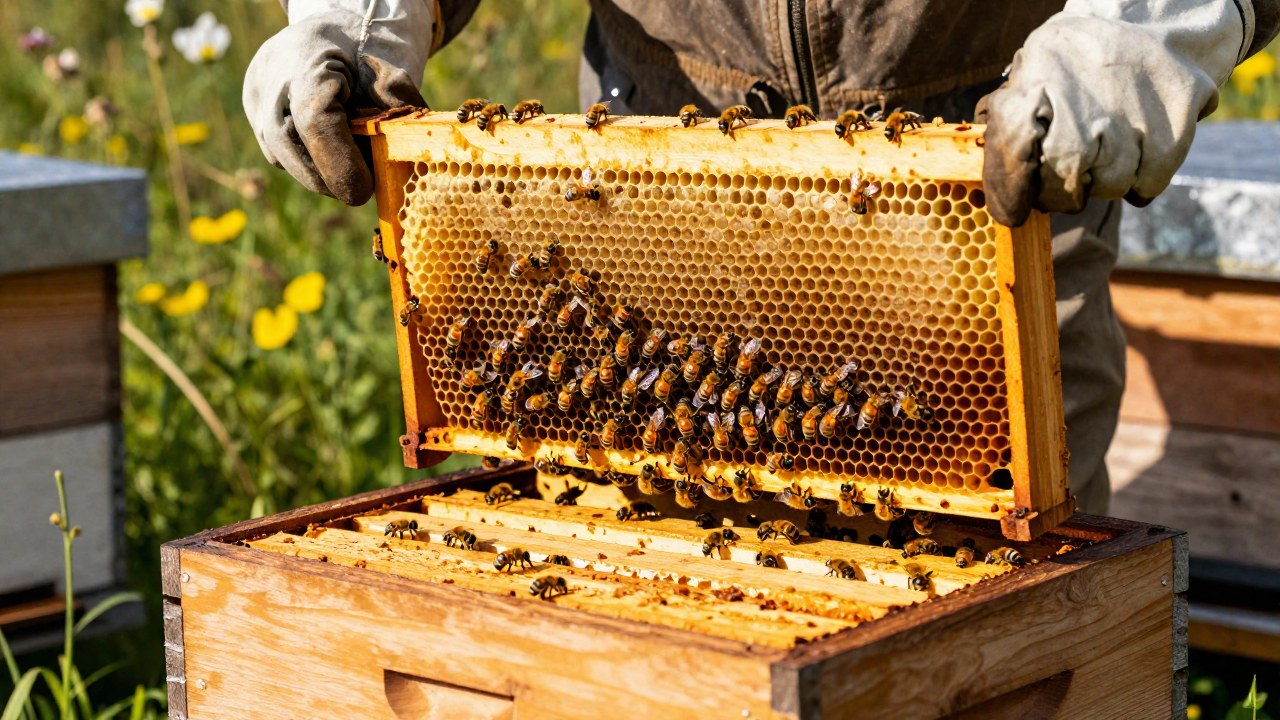 Un apicultor interactúa con una colmena de abejas rodeada de abejas en actitud defensiva.