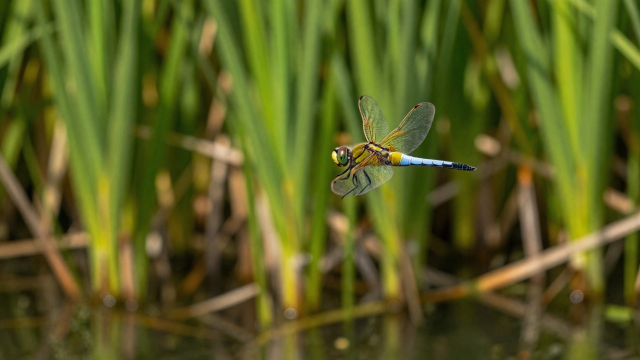 Una libélula Aeshna cyanea vuela dinámicamente sobre un entorno de marisma soleado.