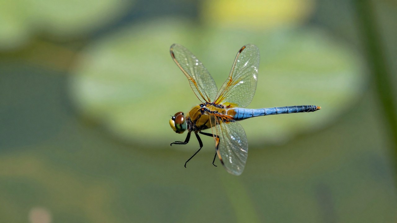 Libélula Aeshna cyanea volando dinámicamente sobre un humedal iluminado por el sol.