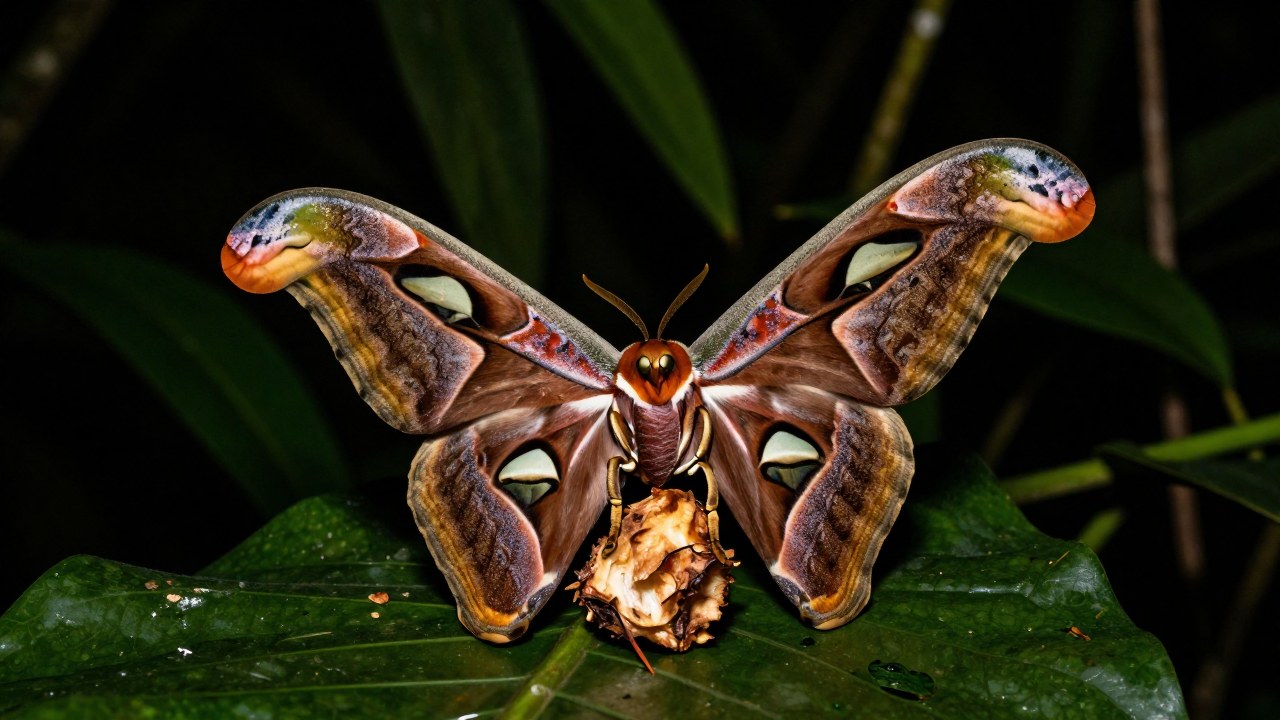Polilla tropical masiva se alimenta de materia vegetal en la densa vegetación de la selva.