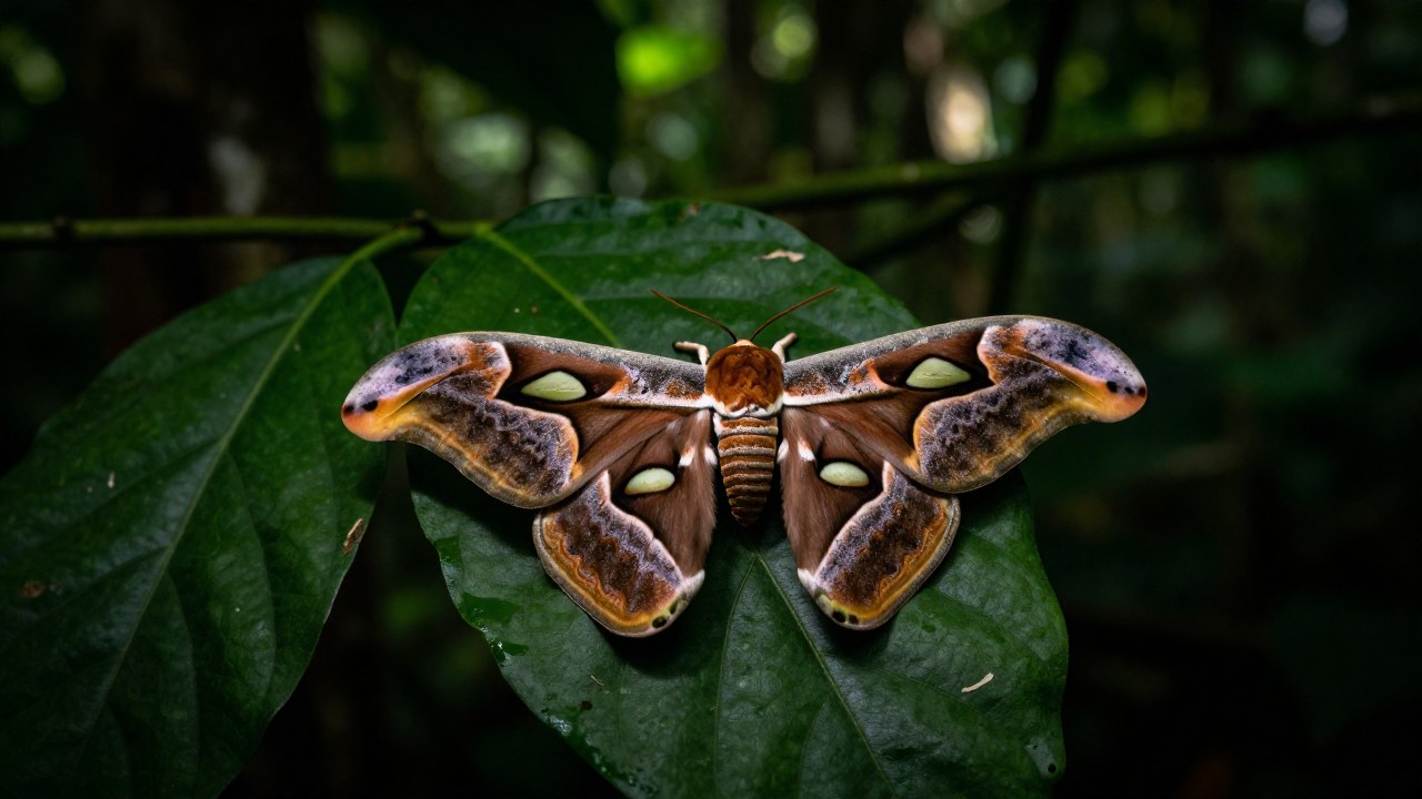Polilla Attacus atlas reposa sobre el follaje de su planta hospedera en la selva tropical.
