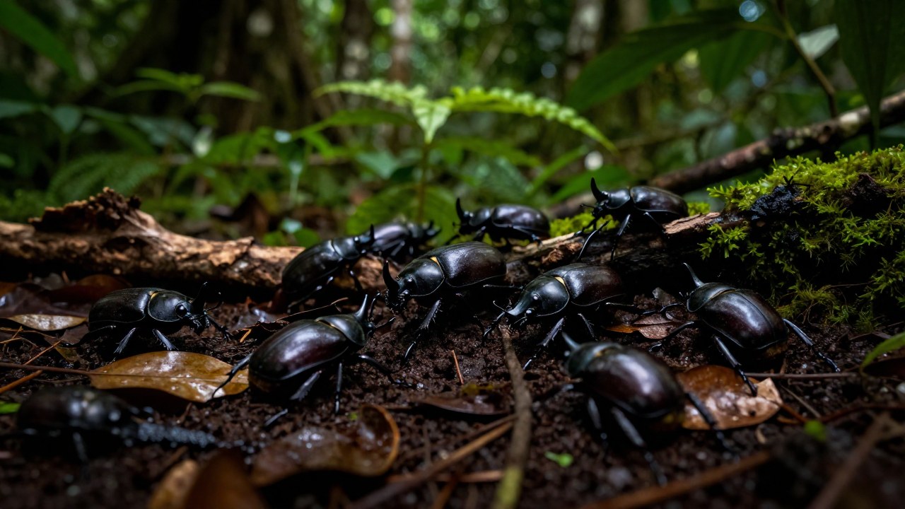 Escarabajos rinoceronte moviéndose sobre el suelo rico y húmedo de un bosque tropical.