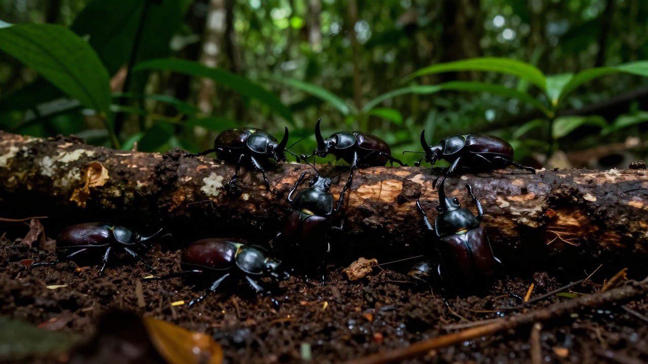 Escarabajos rinoceronte interactuando con troncos en descomposición en el suelo de un bosque tropical.