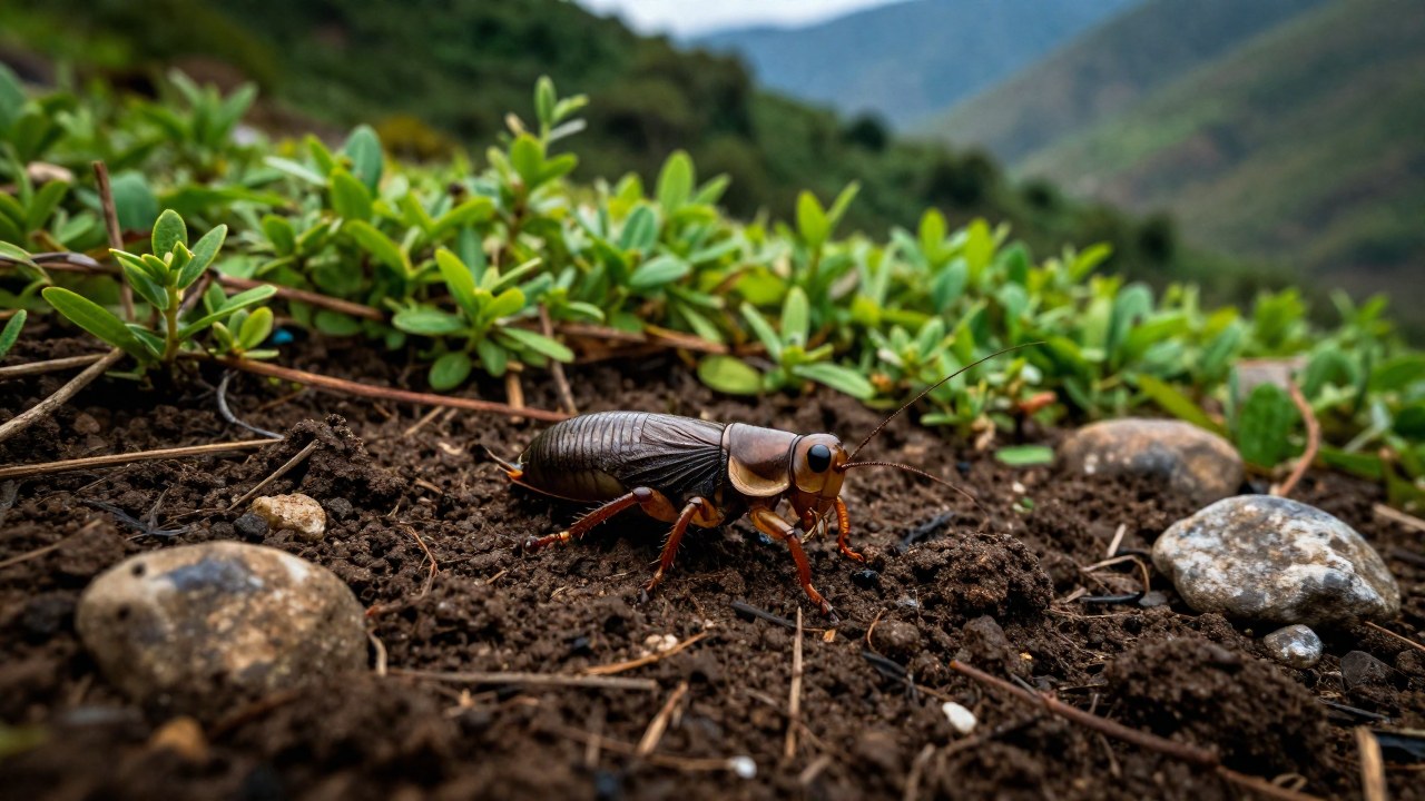 El grillo excavador se encuentra sobre suelo húmedo en el hábitat natural de las estribaciones de Nepal.