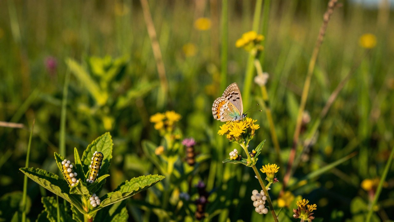 Mariposa Ischnura elegans posada sobre flores silvestres, con detalles de huevos y larvas en la vegetación.