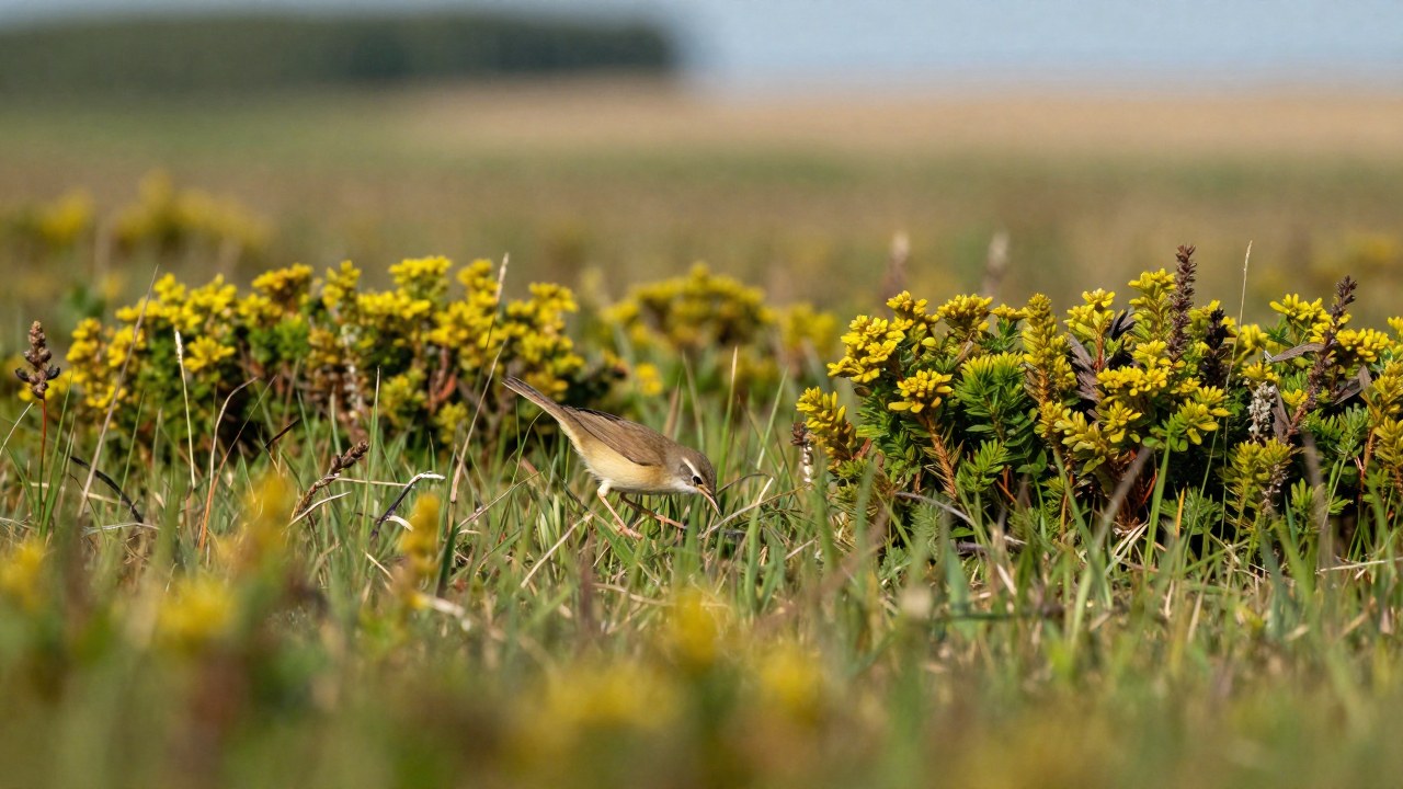 Un pájaro warbler forrajea en un prado templado, demostrando su hábitat natural y comportamiento.