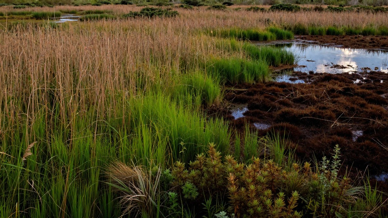 Paisaje de un humedal transicional que muestra la diversidad de pastos, vegetación y áreas de turba.