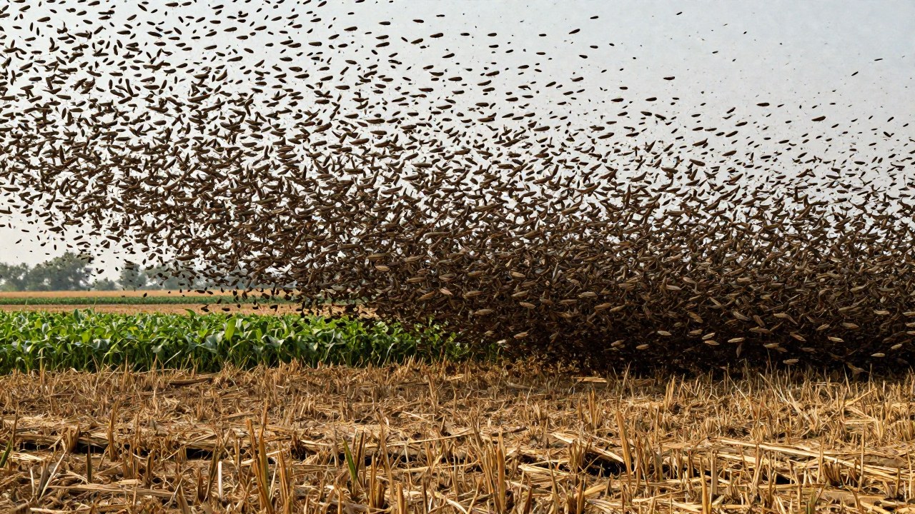 Vasto enjambre de langostas migratorias cubre y amenaza los campos agrícolas bajo un cielo opaco.