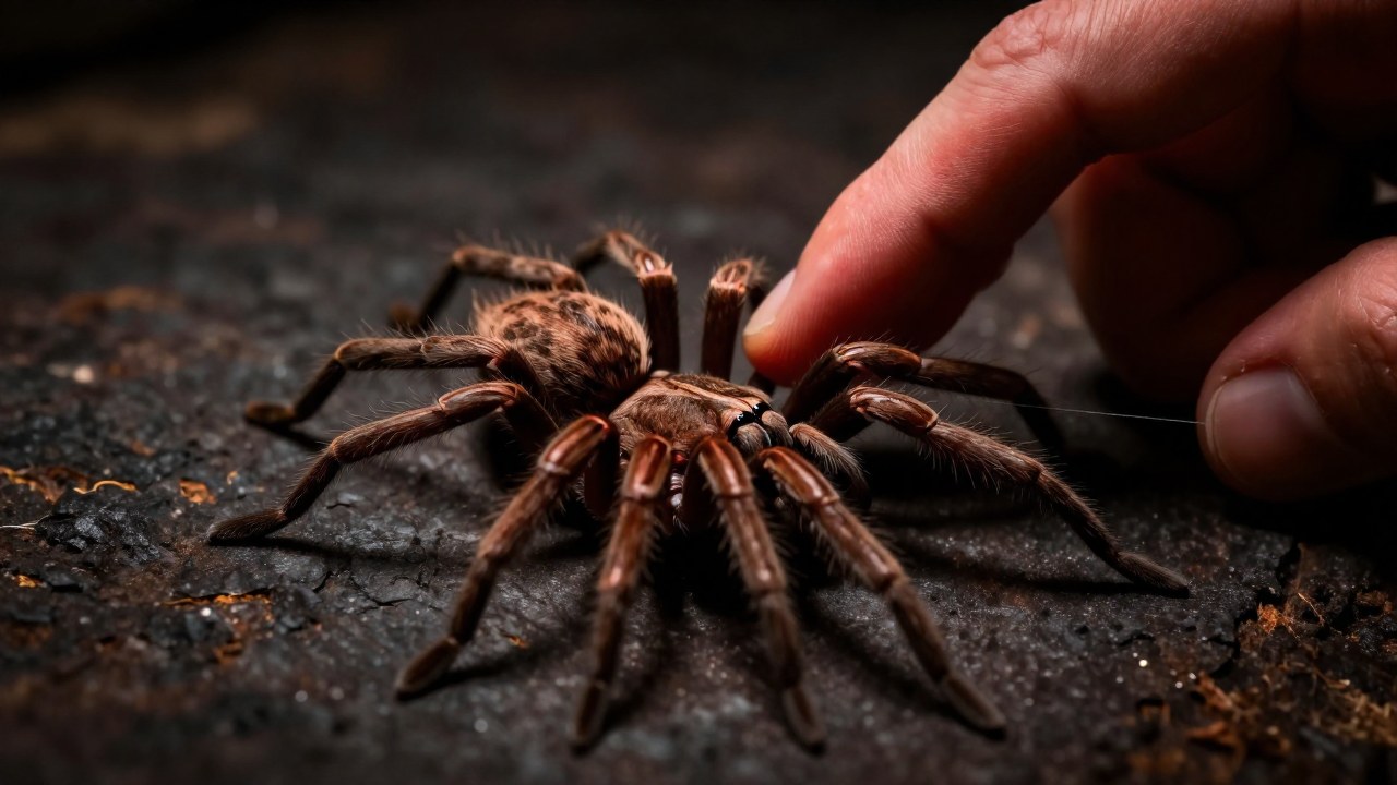 La mano se acerca cautelosamente a una araña sobre una superficie oscura.