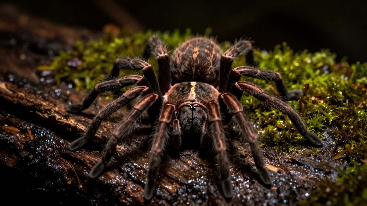 Araña Tegenaria domestica descansando en follaje húmedo y texturizado, en postura defensiva.