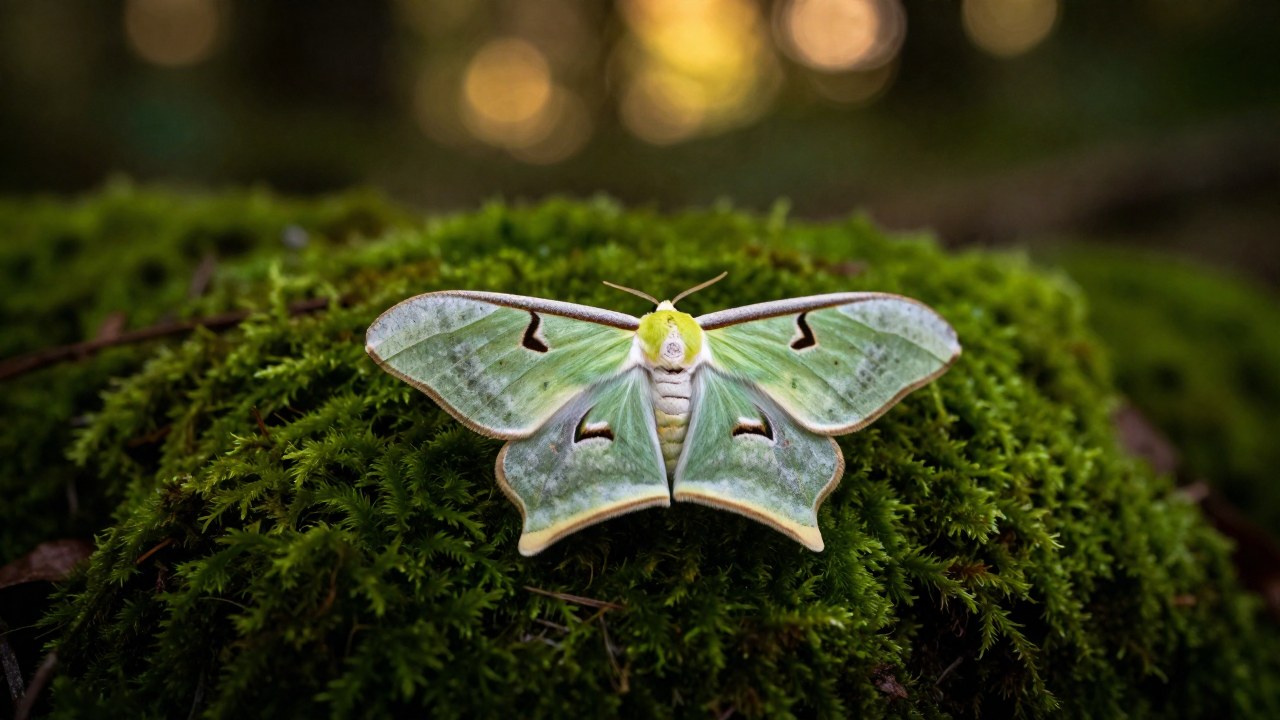 Polilla luna Actias luna de color verde pálido reposa delicadamente sobre una hoja musgosa en el bosque.