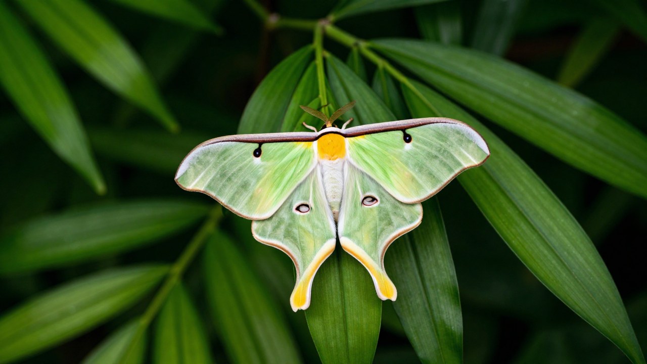 Mariposa Luna descansando en hoja de planta tropical, mostrando sus alas de verde pálido.