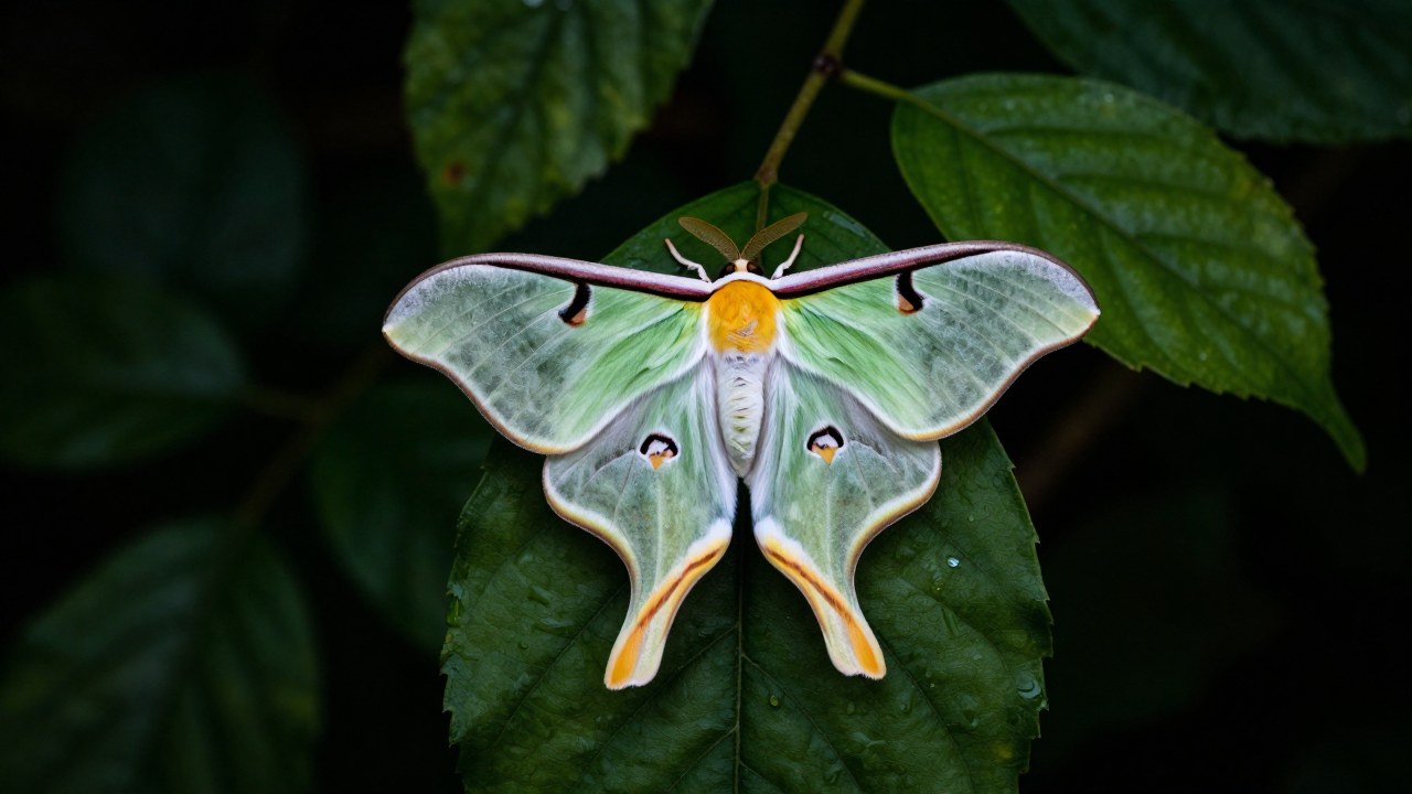 Polilla Luna con delicadas alas verdes posada sobre el denso follaje verde de un bosque.