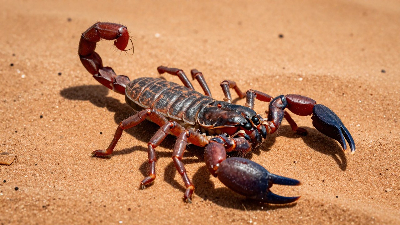 Escorpión Deathstalker sobre arena del desierto, mostrando sus características morfológicas y su exoesqueleto robusto.