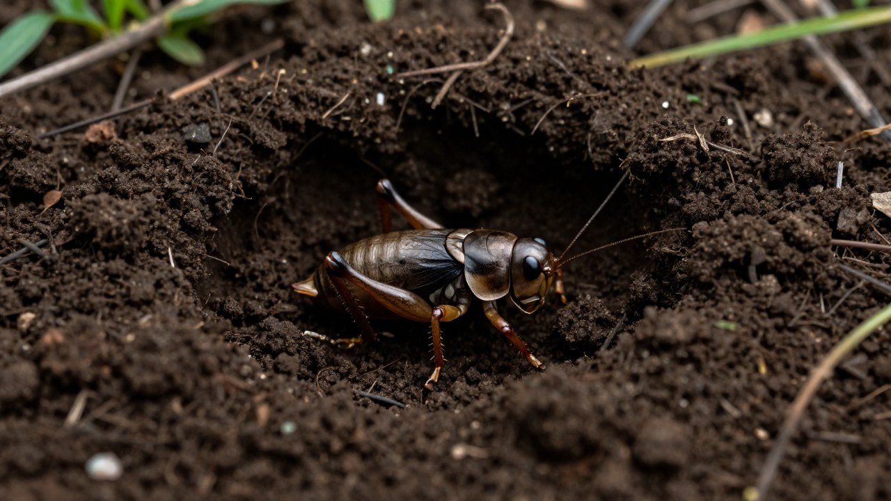 Grillo topo excavando activamente en tierra oscura y húmeda, mostrando su hábitat natural.