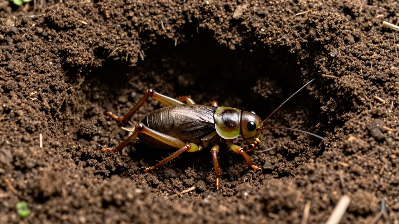 Grillotalpa de topo alimentándose en la tierra oscura y húmeda de un jardín.