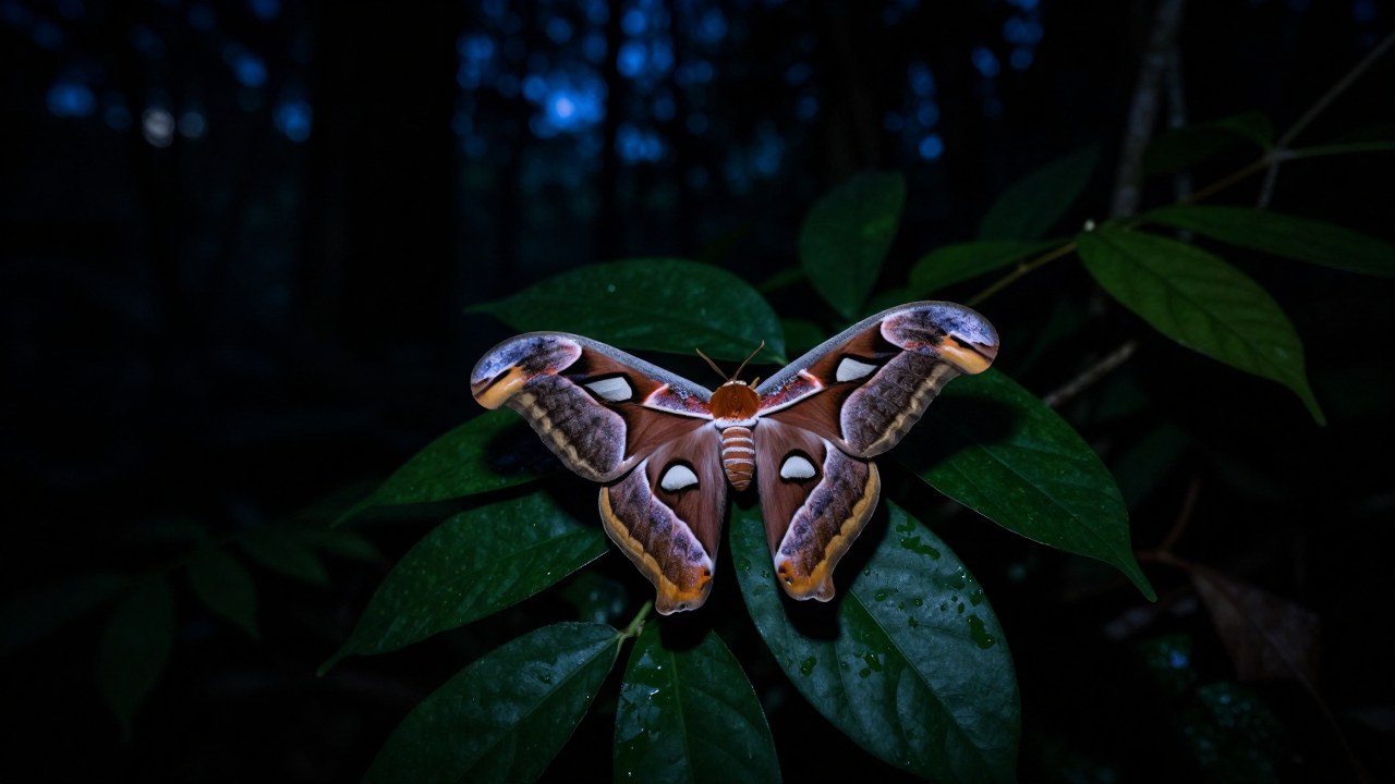 Polilla Atlas posada en el follaje verde de un bosque denso durante la noche.