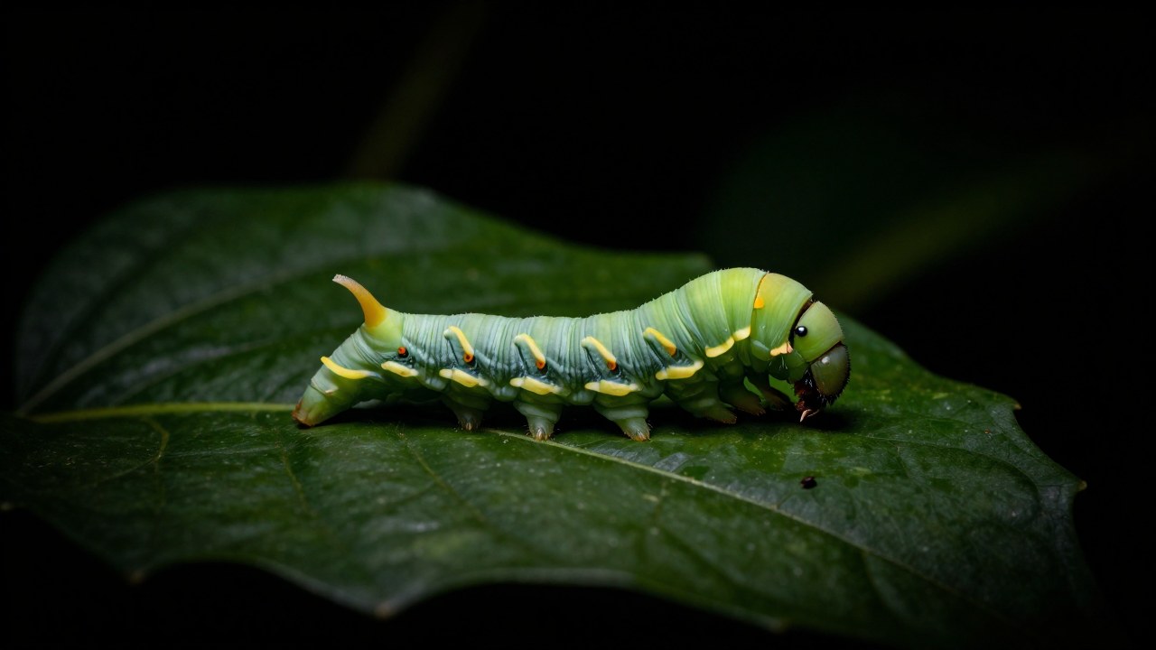 Oruga de la polilla Atlas comiendo hojas en un ambiente natural y nocturno.