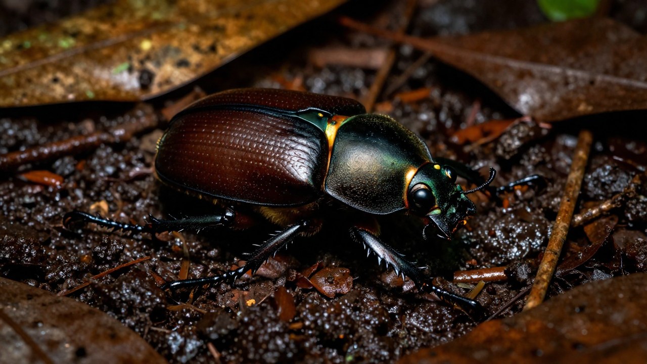 Escarabajo Goliath de gran tamaño descansando sobre la hojarasca húmeda del suelo de un bosque tropical.