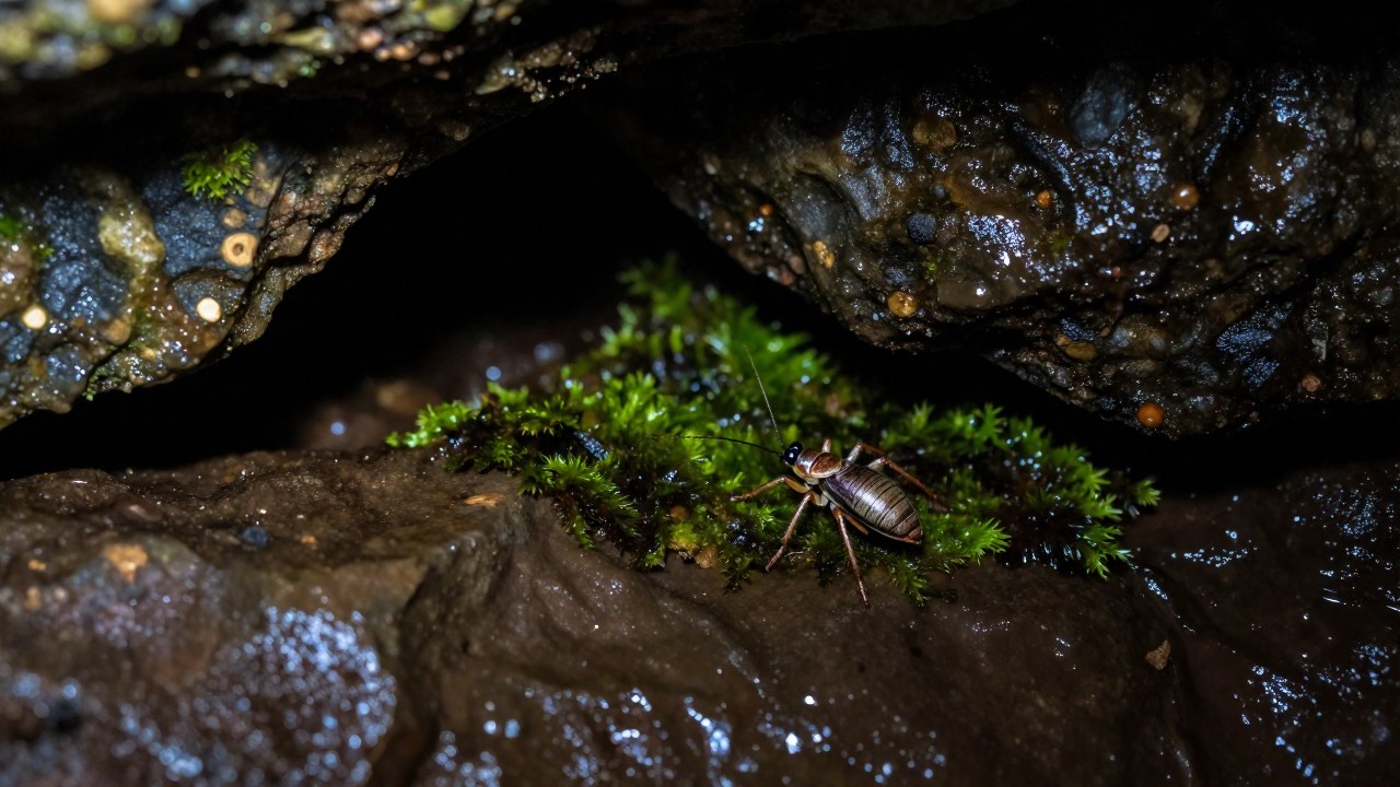 Un grillo cueva sobre musgo húmedo, ilustrando su adaptación a un microambiente subterráneo oscuro.