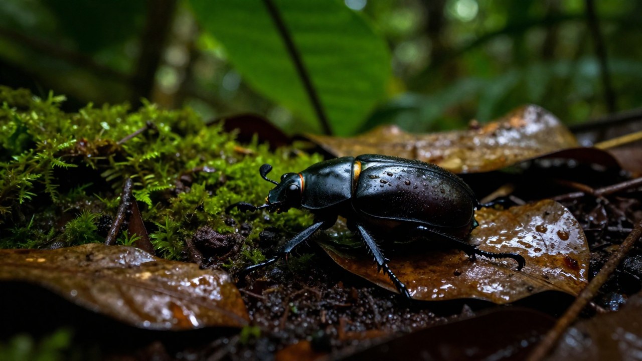 Escarabajo Goliath masivo sobre hojarasca húmeda en el suelo de una selva tropical.