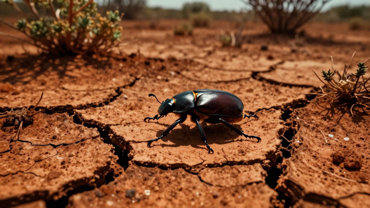 Un escarabajo gigante camina sobre tierra seca y agrietada en un paisaje árido con vegetación resistente.