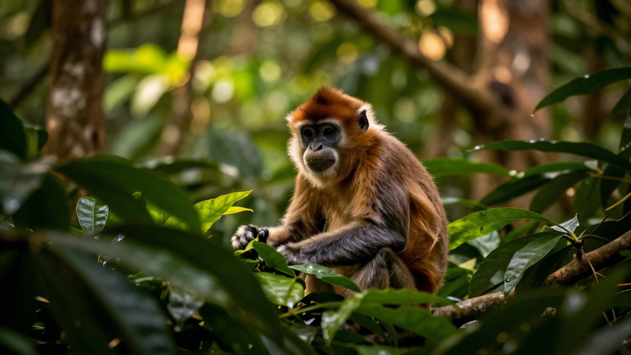 Un primate Pandinus imperator descansa o busca alimento entre el denso follaje de una selva tropical.