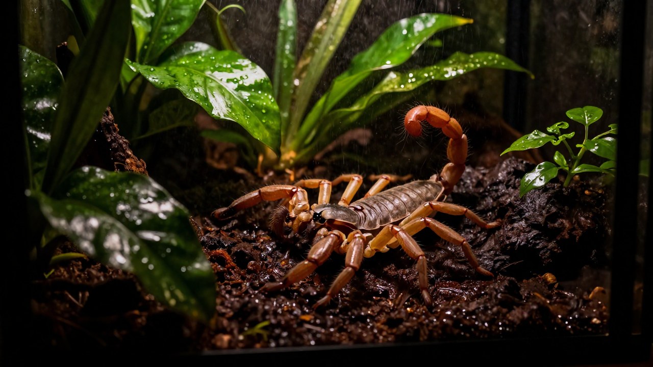 Escorpión Emperador en su hábitat de terrario, rodeado de follaje tropical húmedo.