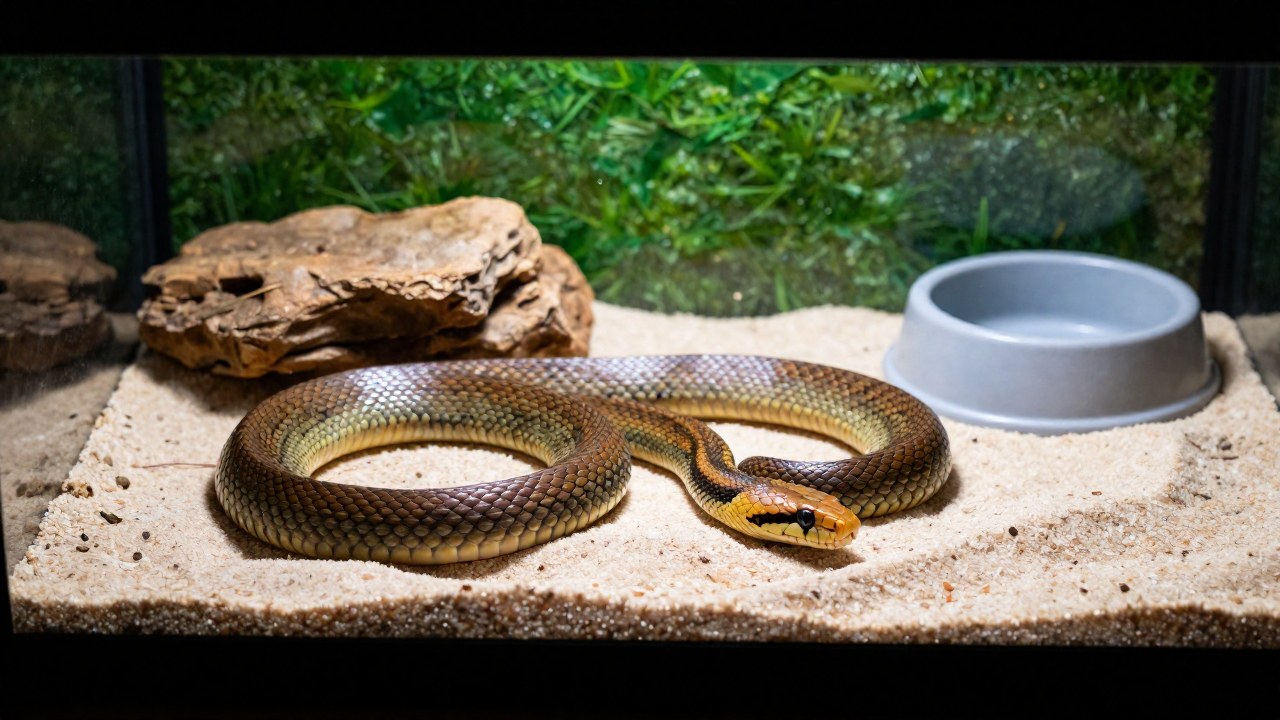 Serpiente Pandinus imperator reposa tranquilamente en un terrario especializado y bien cuidado.