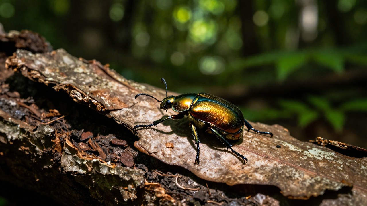 Escarabajo metálico de color dorado posado sobre corteza de árbol en su hábitat forestal.