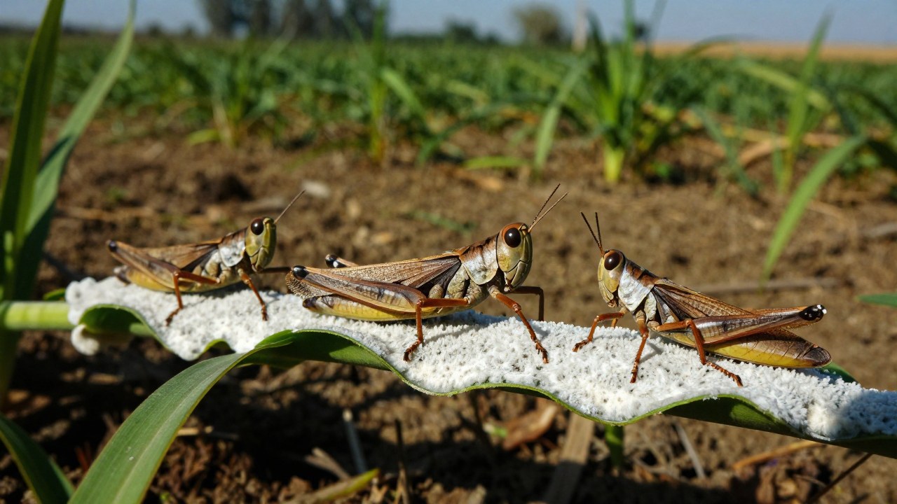 Locustas cubiertas de hongo micelial en un campo de cultivo, ilustrando el control biológico.