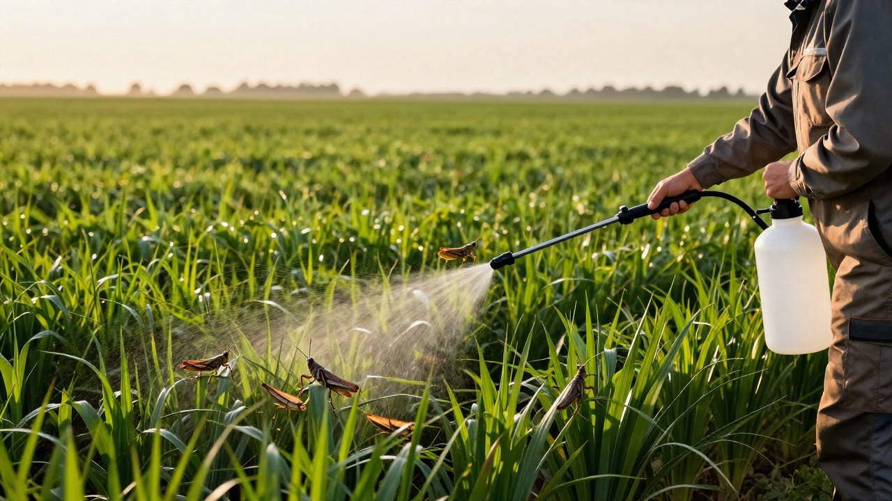 Un experto agrícola aplica biopesticida en un campo de cultivo para controlar la amenaza de las locustas.