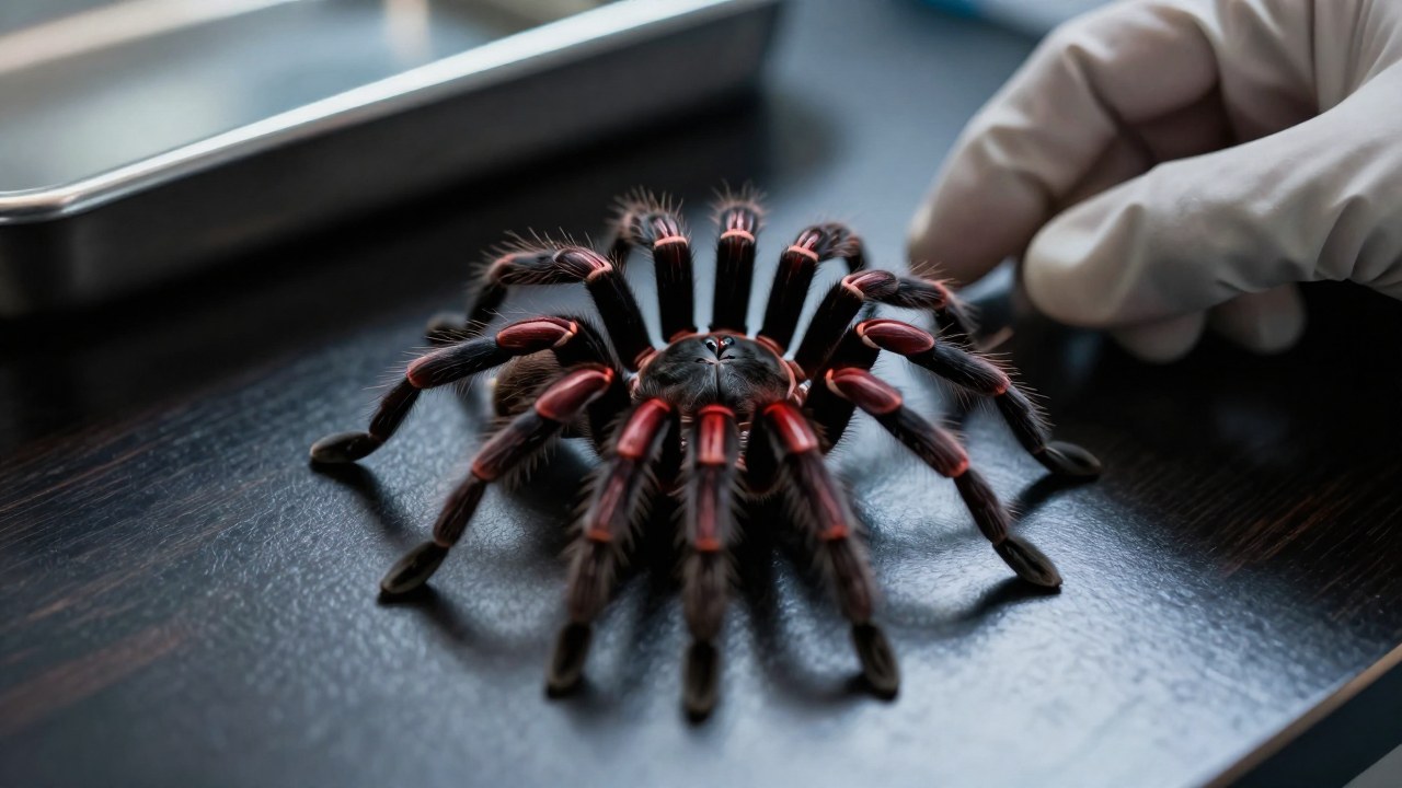 Araña viuda negra sobre una superficie oscura, junto a elementos que sugieren investigación o riesgo médico.