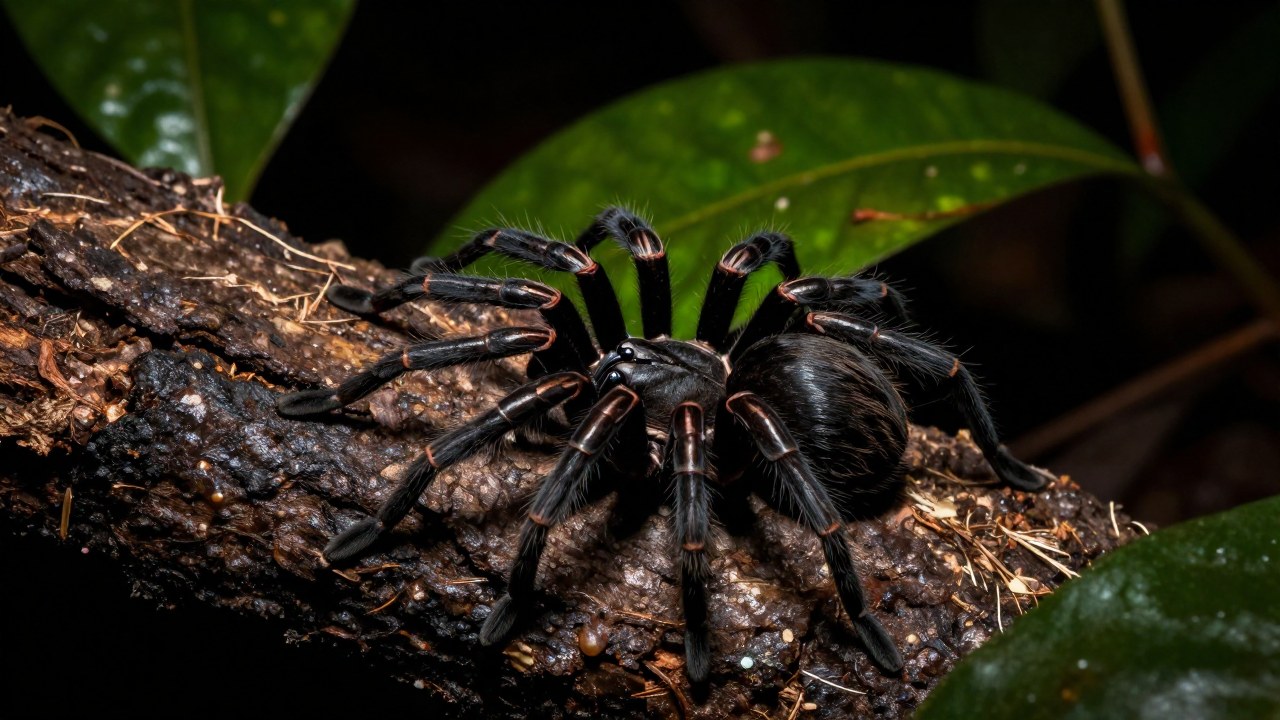 Araña viuda negra (*Latrodectus mactans*) en un hábitat húmedo de México, posicionada entre follaje oscuro.