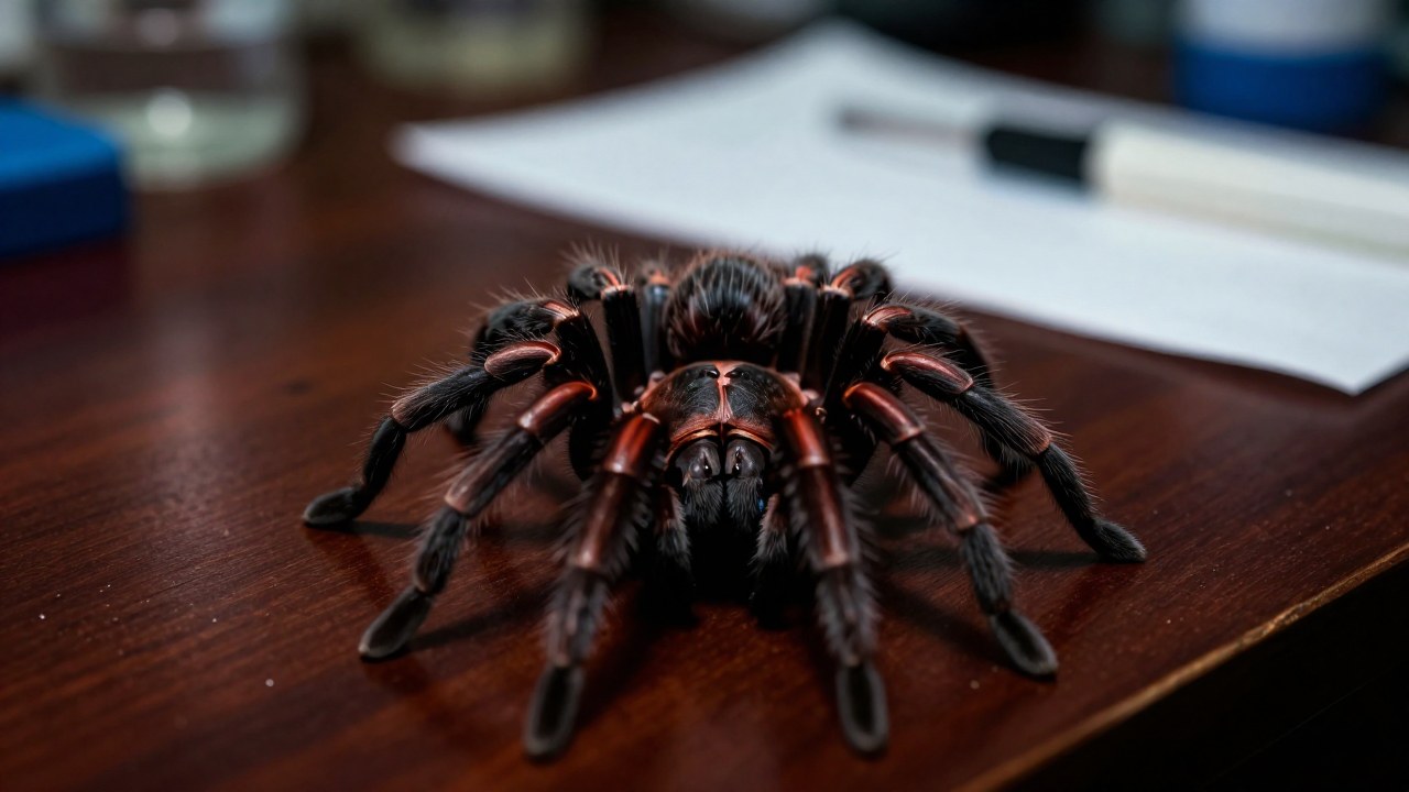 Araña viuda negra en primer plano sobre madera oscura, enfatizando su peligro.