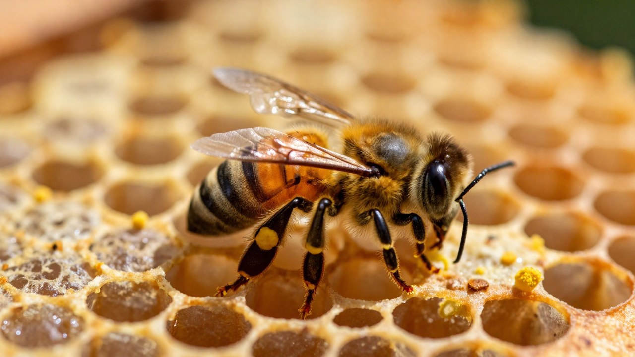 Una abeja melífera recolecta polen de un panal, cargando granos visibles en sus patas.