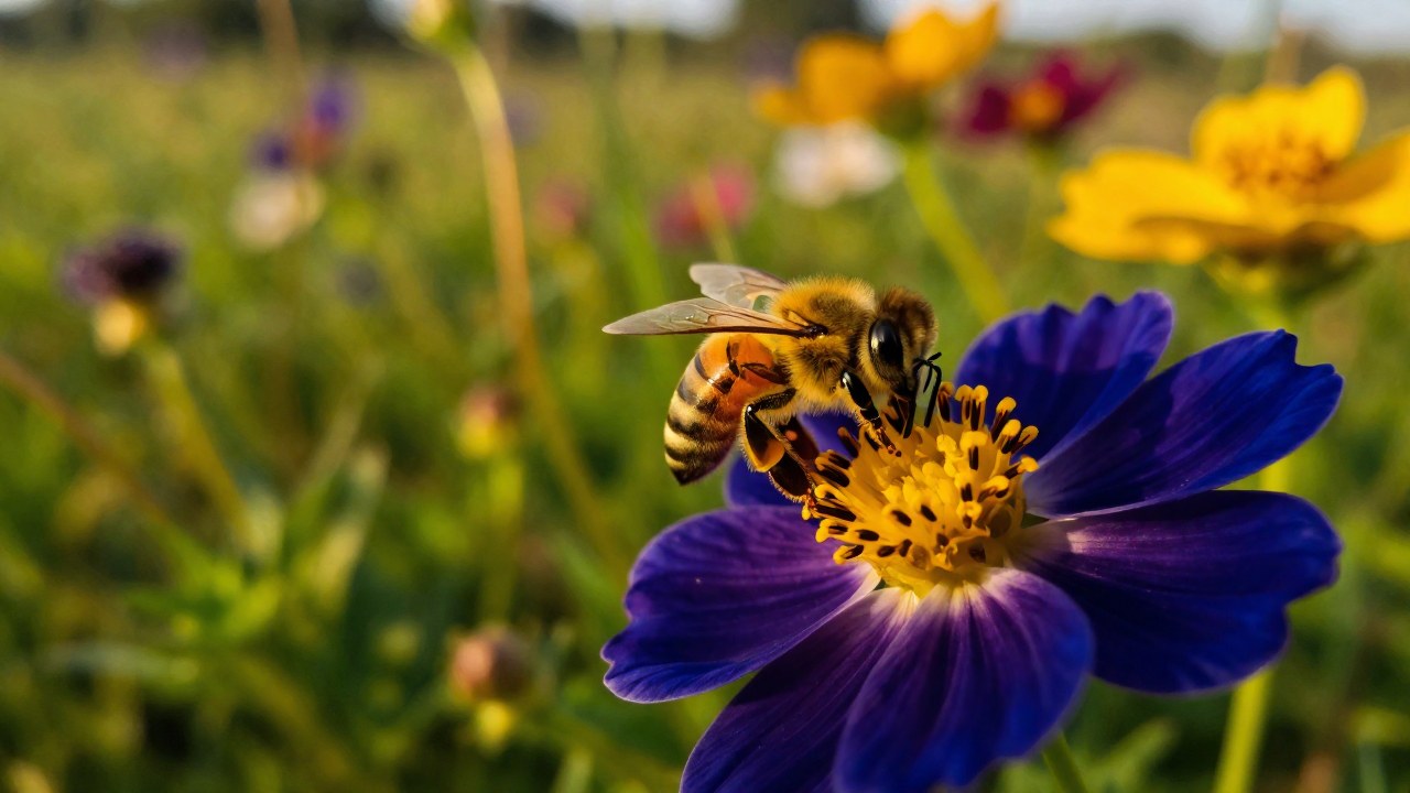 Una abeja melífera realiza la polinización de una flor silvestre en un prado exuberante y vibrante.