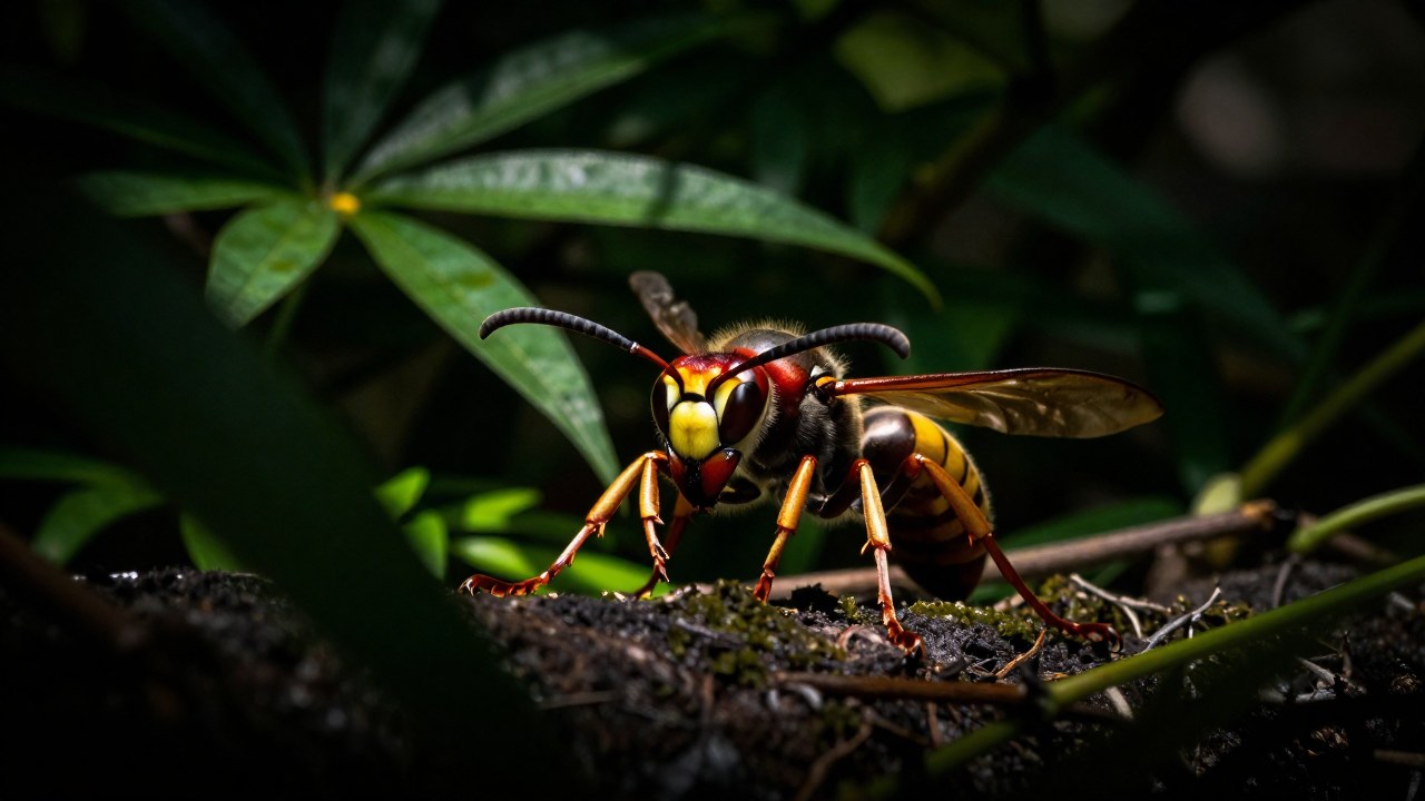Avispa gigante asiática en postura agresiva cerca de denso follaje subtropical.